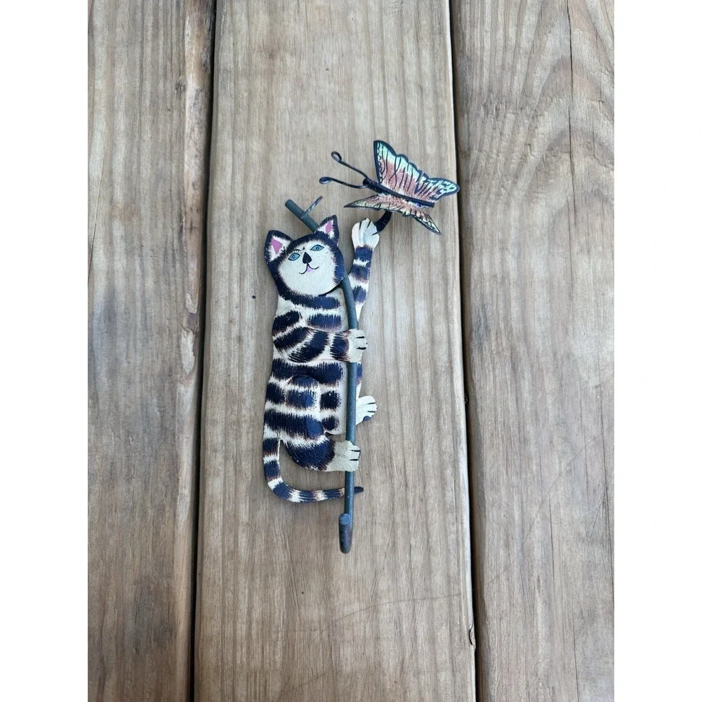 Vintage 3D Metal Black Striped Cat Butterfly Hook Wall Hanging Coat Hanger 8
